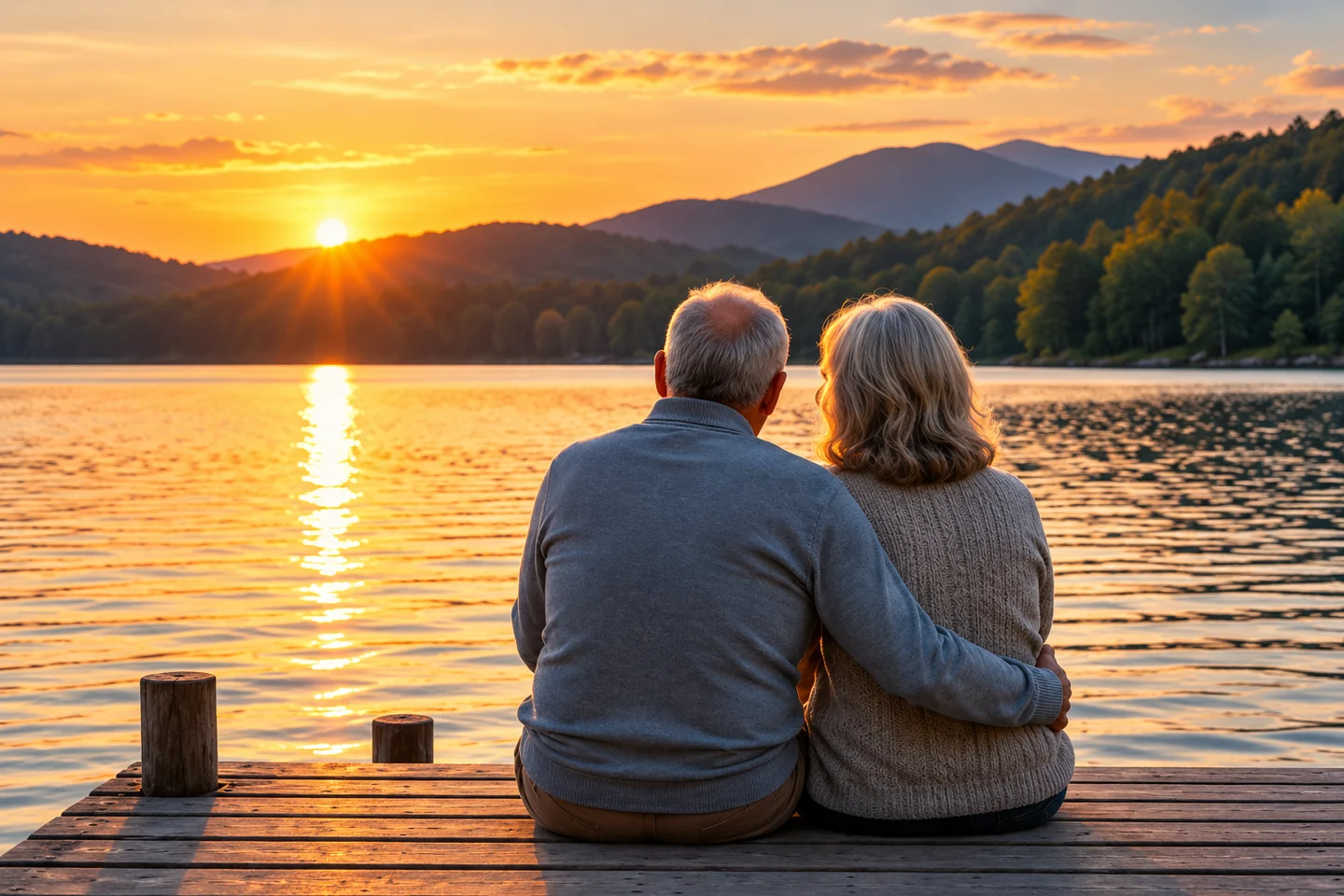 Retired couple watching the sunset from a dock